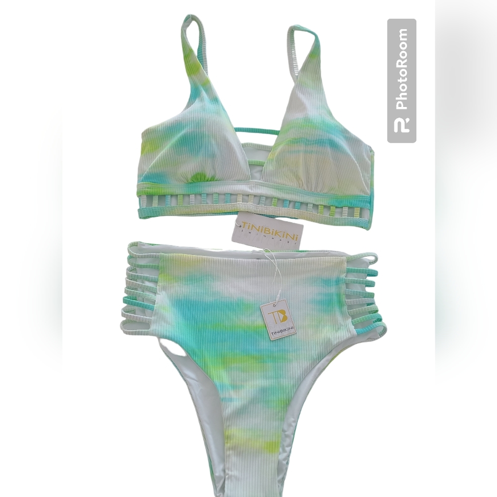 Tinibikini Swimwear two piece bikini green and white Size XL